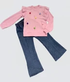 Eterelle 4-5-6 Yaş Kot Pantolonlu Flamingo Desenli Penye Sweat Uzun Kollu 2li Kız Çocuk Takımı Pembe - 1
