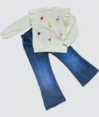 Eterelle 4-5-6 Yaş Kot Pantolonlu Flamingo Desenli Penye Sweat Uzun Kollu 2li Kız Çocuk Takımı Beyaz - 1