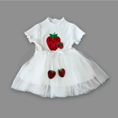Eterelle 1-2-3 Yaş Payetli Çilek Baskılı Çilek Kuşaklı Kız Bebek Elbisesi Beyaz - 1