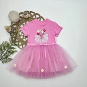 Eterelle 1-2-3 Yaş Tül Fiyonk Çiçekler Nakışlı Astarlı Kız Bebek Tütü Elbisesi Pembe - 1