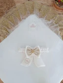 Eterelle Yenidoğan Titi Taç Nakışlı Plazma Taşlı Güpürlü Çift Fiyonk Duvaklı Trilüks Kundak Bebek Battaniyesi Gold - 3