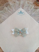 Eterelle Yenidoğan Kuzulu Taç Nakış Güpürlü Fiyonklu Duvaklı Prizma Taş Unisex Kundak Bebek Battaniyesi Su Yeşili thumbnail 4