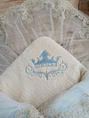 Eterelle Yenidoğan Kuzulu Taç Nakış Güpürlü Fiyonklu Duvaklı Prizma Taş Unisex Kundak Bebek Battaniyesi Mavi thumbnail 6