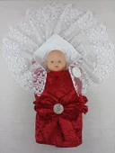 Eterelle Yenidoğan Saray Kadife Taç Nakışlı İnci Fiyonklu Dantel Duvak Trilüks Kundak Bebek Battaniye Bordo thumbnail 2