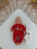 Eterelle Yenidoğan Sahra Taç Nakışlı Plazma Taşlı Güpürlü Fiyonklu Duvaklı Trilüks Kundak Bebek Battaniyesi Sütlü Kahve - 2