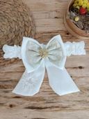 Eterelle Yenidoğan Titi Taç Nakışlı Plazma Taşlı Güpürlü Çift Fiyonk Duvaklı Trilüks Kundak Bebek Battaniyesi Gold - 4