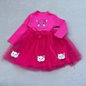 Eterelle 3-4-5 Yaş Minik Kedi Desenli Kurdela Kuşaklı Astarlı Kız Çocuk Tütü Elbise Pembe - 1