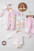 Eterelle Kelebek Nakışlı Puanlı Tulumlu % 100 Pamuk Kız Bebek 5'li Set - 1