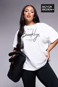 Kadın Büyük Beden El Yazılı Brooklyn Baskılı Bisiklet Yaka Tshırt SPR25BTSK12 - 1