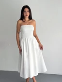 Straplez Pileli Elbise - Beyaz - 4
