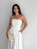Straplez Pileli Elbise - Beyaz - 5