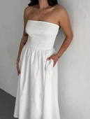 Straplez Pileli Elbise - Beyaz - 6