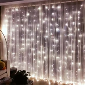 Brokoli Home 8 Fonksiyonlu 16 Saçaklı Animasyonlu  Perde LED Işık Kalın Telli Saçak LED Işık 3 x 3 Metre BEYAZ Renk Aydınlatma Süsleme Fişli Model - 3
