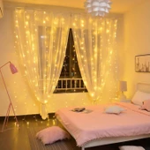 Brokoli Home 8 Fonksiyonlu 16 Saçaklı Animasyonlu  Perde LED Işık Kalın Telli Saçak LED Işık 3 x 3 Metre BEYAZ Renk Aydınlatma Süsleme Fişli Model - 1
