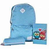 Mavi Puantiyeli Okul Çantası Baykuş Defter İkili Set - 1