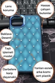 iPhone 15 Pro Uyumlu Baklava Desenli Pırlanta Taşlı Sert Kapak Kılıf Petrol Mavi - 8