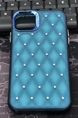 iPhone 15 Uyumlu Baklava Desenli Pırlanta Taşlı Sert Kapak Kılıf Petrol Mavi thumbnail 2