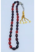 Kırmızı Siyah Arpa Kesim Sarı Alpaka Püsküllü Ateş Kehribar Tespih thumbnail 1