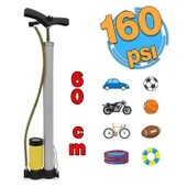 Metal El Tipi Göstergeli Bisiklet Pompası Gri Ayak Tutamaklı Top Teker Şambrel  Şişirme 160 Psı thumbnail 1