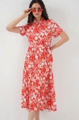 2191 Kısa Kol Desenli Elbise - A.Kırmızı thumbnail 1