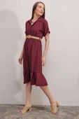 2292 Kemerli Elbise - Bordo - 3