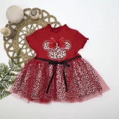 Eterelle 1-2-3 Yaş Fiyonklu Mickey Astarlı Etekli Kız Bebek Tütü Elbisesi Kırmızı - 1