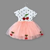 Eterelle 1-2-3 Yaş Payetli Kiraz Nakışlı Kiraz Etekli Kız Bebek Tütü Elbisesi Pudra thumbnail 2