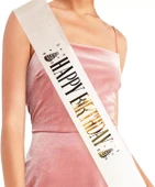 Beyaz Üzeri Altın Büyük Happy Birthday Yazılı Simli Işıltılı Kuşak Kemer 10 Cm Genişlik thumbnail 1