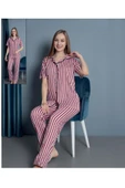 Bordo %100 Pamuklu Çizgili Biye Detaylı Gömlek Yaka Pijama Takımı - 1