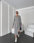 Önü Fermuarlı Kazak Ve Yırtmaç Detaylı Etek Alt Üst Triko Takım - 4