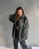 Leopar Desen Çift Cep Oversize Denim Gömlek Ceket - 1