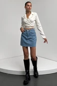 Gömlek Yaka Beli Bağlamalı Crop Bluz - 2