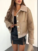 Çift Cepli Kürk Detaylı Suni Deri Ceket - 5