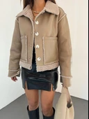 Çift Cepli Kürk Detaylı Suni Deri Ceket - 1