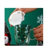Linanware Çift Camlı Cidarlı Cam Bardak, Yeni Yıl Çam Ağacı Tasarımlı Kapaklı Kupa 250ML DC154 thumbnail 2