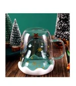 Linanware Çift Camlı Cidarlı Cam Bardak, Yeni Yıl Çam Ağacı Tasarımlı Kapaklı Kupa 250ML DC154 thumbnail 4