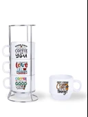 DeepCraft Stantlı 4'lü Fincan Seti Çıkmaz Baskılı Good Vibes Motto Desenli 4 Adet Fincan Seti 190 ml - 3