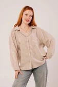 Çizgi Detaylı Cepli Camel Gömlek thumbnail 4