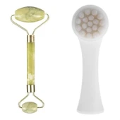 heyf HEYF® 2li Set Çift Taraflı Cilt Temizleme Fırçası ve Yeşim Taşı Çift Taraflı Cilt Masaj Aleti - 1