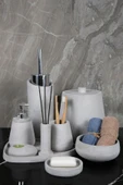 11 Parça Mermer Desenli Beton Banyo Seti Katı Sıvı Sabunluk Diş Fırçalık Çöp Kovası Mumluk Tepsi - 1