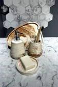 4 Parça Mermer Desenli Beton Banyo Seti Katı Sıvı Sabunluk Diş Fırçalığı Sunum Tepsisi - 2
