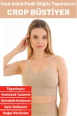 Göğüs Toparlayıcı Sarkma Önleyen Gündelik Spor Kullanım Şık İnce Askılı Pedli Çizgili Crop Büstiyer - 1