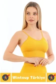Göğüs Toparlayıcı Sarkma Önleyen Gündelik Spor Kullanım Şık İnce Askılı Pedli Çizgili Crop Büstiyer - 3