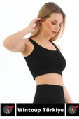 Göğüs Toparlayıcı Sarkma Önleyen Gündelik Spor Kullanım Şık Kalın Askılı Çizgili Crop Büstiyer - 3