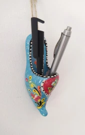 1 Adet Seramik Çini Çarık Askılı Duvar Süsü Kalemlik Mavi - 6