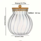 3 adet Çizgili Cam Saklama Kavanozu Bambu Kapaklı - Çok Amaçlı Kavonoz set,  Çay, Atıştırmalıklar, Baharatlar ve Şeker için - 3