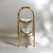 2 Katlı Gold Metal Sunum Standı - Porselen Kalp Servis Tabaklı - Kelebek Detaylı - 1