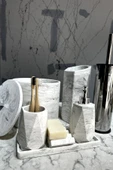 8 Parça Mermer Desenli Beton Banyo Seti Katı Sıvı Sabunluk Diş Fırçalık Çöp Kovası Tuvalet Fırçalığı - 4