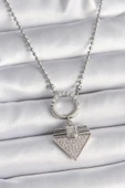 316L Çelik Gümüş Renk Topçuk Zincir Zirkon Taşlı Üçgen Model Kadın Kolye thumbnail 1