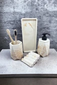 4 Parça Mermer Desenli Beton Banyo Seti Katı Sıvı Sabunluk Diş Fırçalık Tepsi thumbnail 3